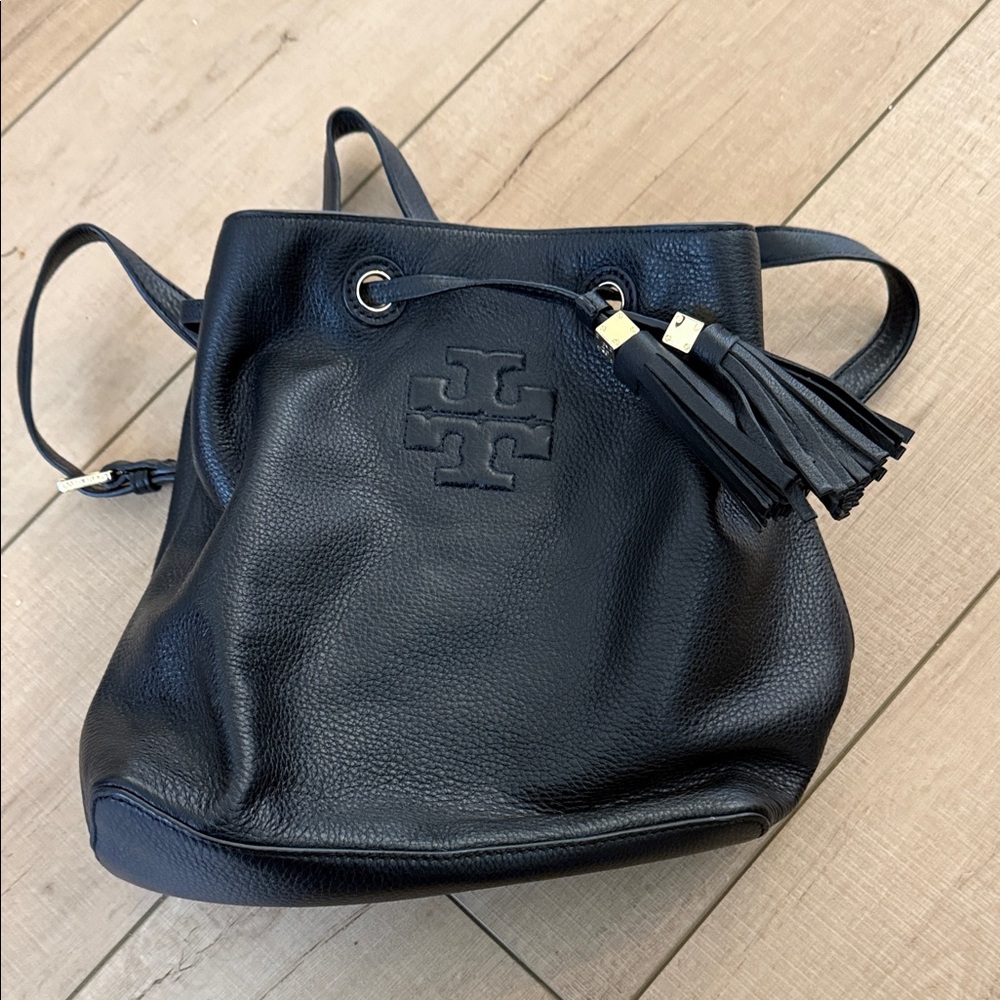 Tory Burch Black Pebbled Leather Drawstring Tassel bucket bag